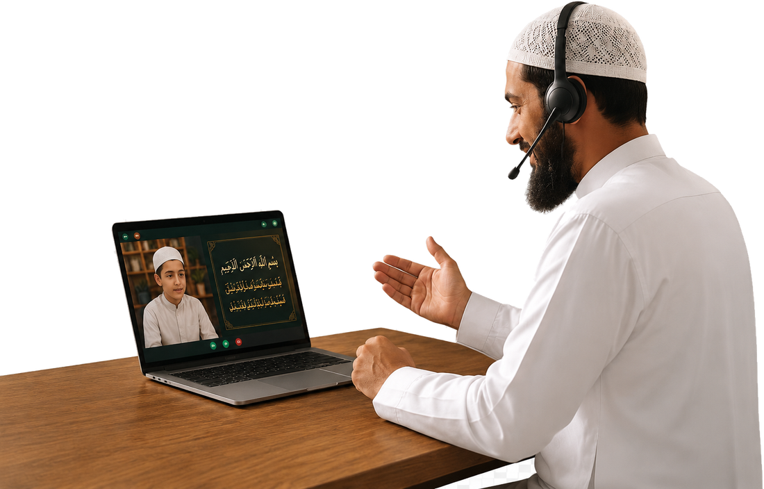 A Quran tutor with a headset teaching a student over a live video call
